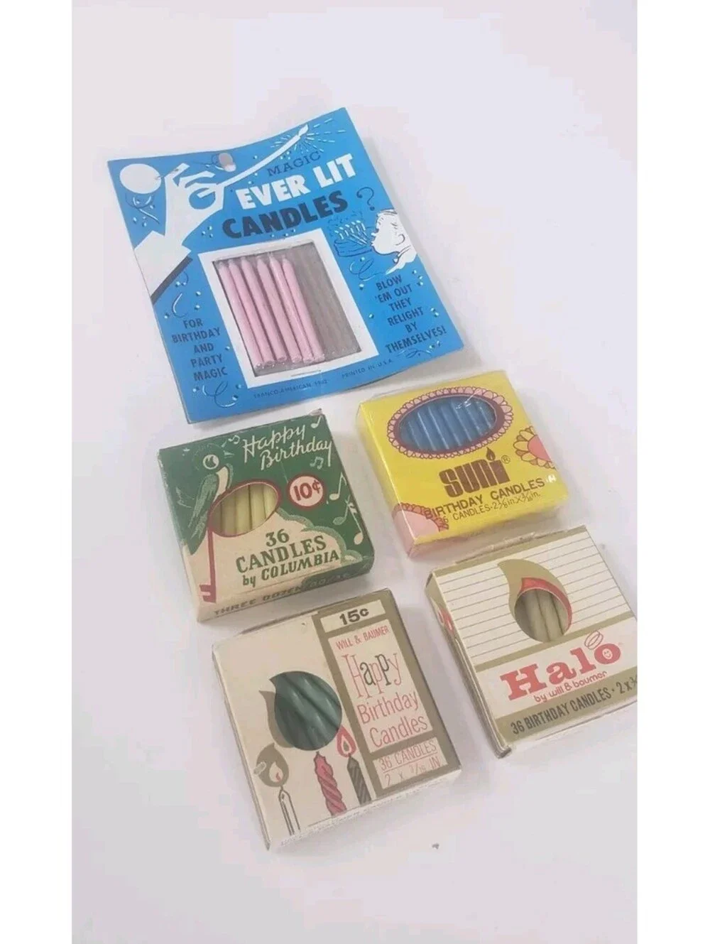 VTG Birthday Candle Columbia Wax Will Baumer Halo Suni Franco-American Box Happy